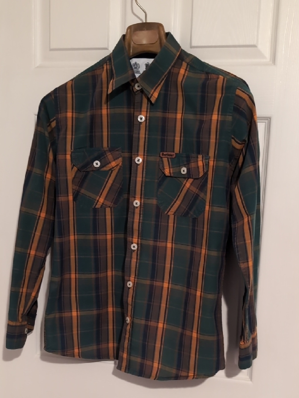 Barbour Green & Orange Plaid Cotton Button-Down Shirt